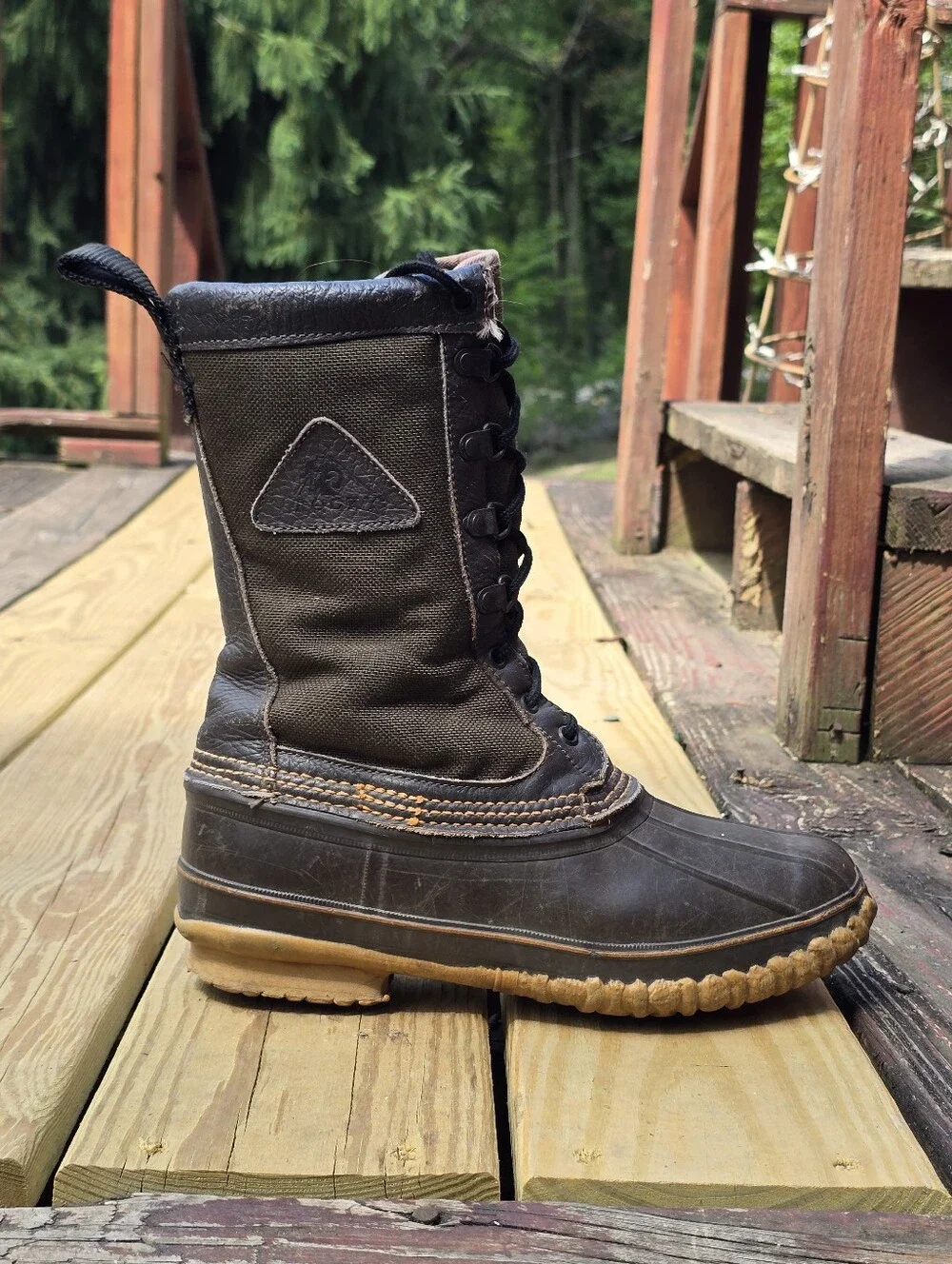 Rocky Vtg Gore-Tex Brown Leather, Olive Green Canvas Rubber 11.5” Boots, Sz 8